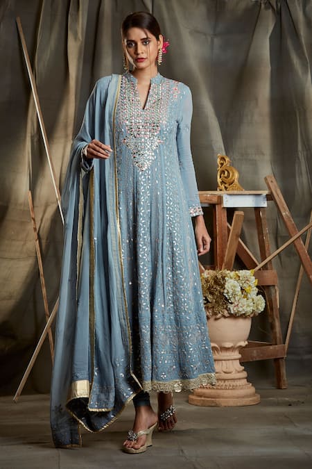 Buy_Sunita Nagi_Grey Lucknowi Fabric, Nylon Chikankari, Mirror Work, Embroidered Anarkali Set _Online_at_Aza_Fashions