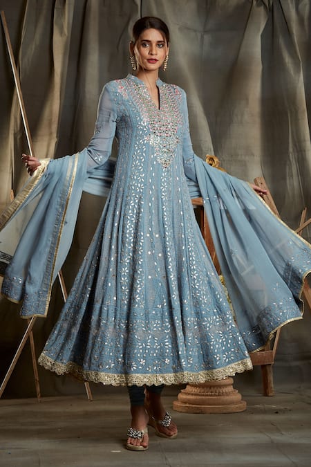 Buy Engagement Suit In San Francisco - Soft Pink Lucknowi Mirror Work  Embroidery Anarkali Gown