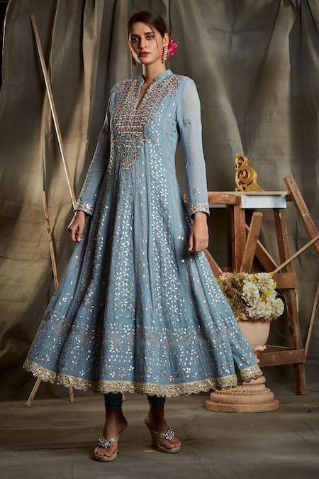 Shop_Sunita Nagi_Grey Lucknowi Fabric, Nylon Chikankari, Mirror Work, Embroidered Anarkali Set _Online_at_Aza_Fashions