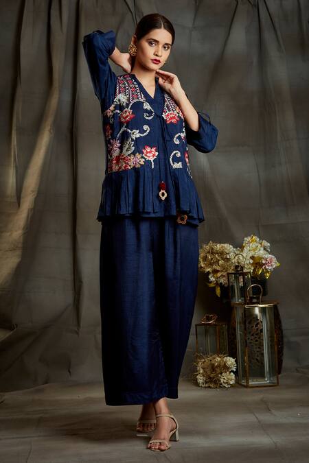 Sunita Nagi Blue Dupion Silk Floral, Mirror Inner V Neck, Embroidered And Culottes Set Online at Aza Fashions Sunita Nagi_Blue Dupion Silk Floral, Mirror Inner V Neck, Embroidered And Culottes Set _Online_at_Aza_Fashions