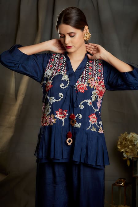 Buy Sunita Nagi Blue Dupion Silk Floral, Mirror Inner V Neck, Embroidered And Culottes Set Online at Aza Fashions Buy_Sunita Nagi_Blue Dupion Silk Floral, Mirror Inner V Neck, Embroidered And Culottes Set _Online_at_Aza_Fashions