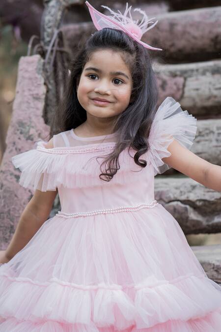 Toplove_Pink Net, Satin Pearls, Sequins Cold Shoulder Ruffle Dress _Online_at_Aza_Fashions