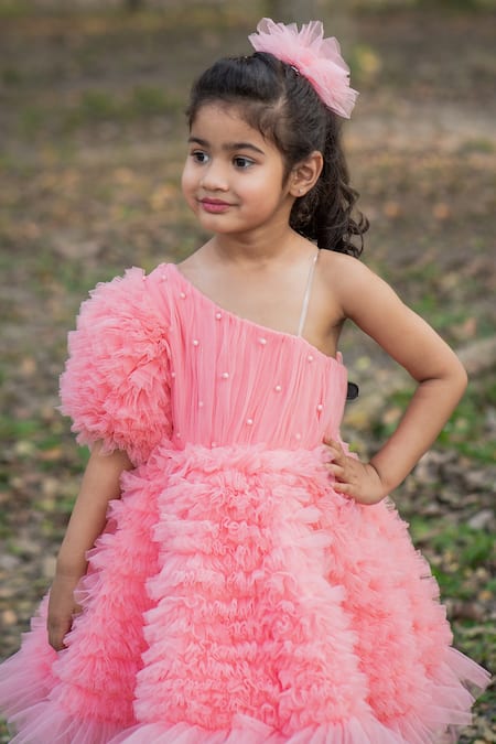 Toplove_Peach Cotton, Net Pearls One Shoulder Ruffle Dress _Online_at_Aza_Fashions