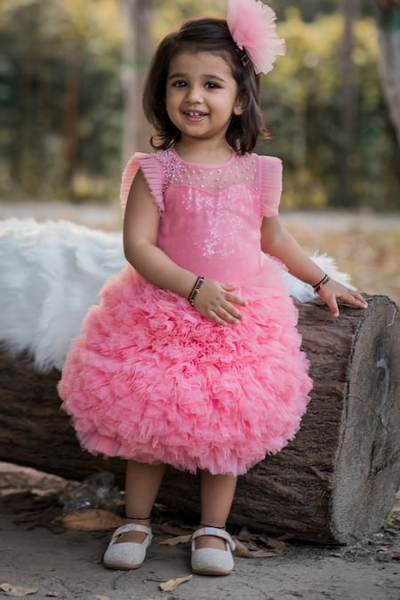 Toplove_Pink Cotton, Net Sequins Embellished Frill Dress _Online_at_Aza_Fashions