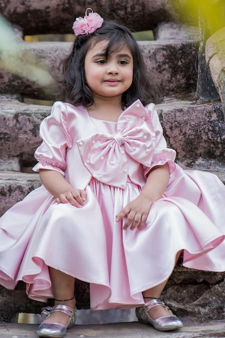 Toplove_Pink Cotton, Satin Pearls Puffed Sleeve Jacket With Dress _Online_at_Aza_Fashions