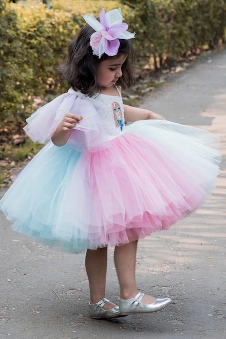 Toplove_Multi Color Cotton, Net Sequins One Shoulder Ruffle Dress _Online_at_Aza_Fashions