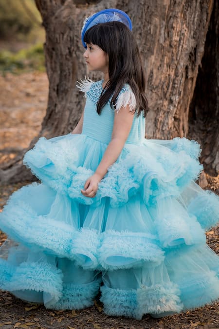 Toplove_Blue Cotton, Net Beads Pleated Frill Gown _Online_at_Aza_Fashions