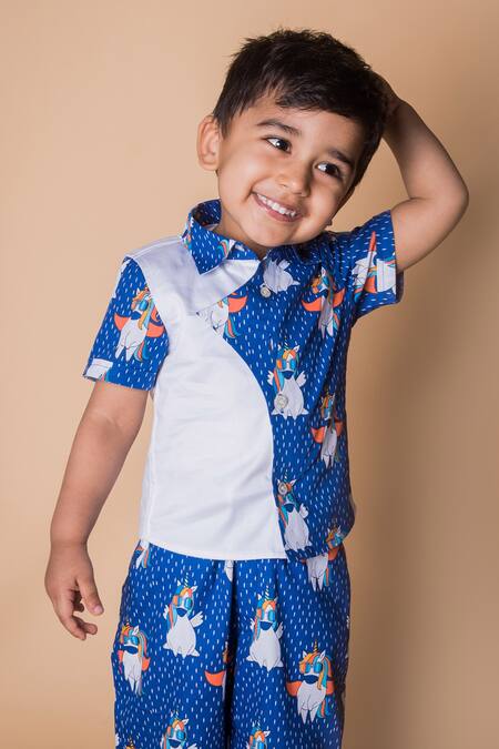 Toplove_Blue Cotton Printed Shirt And Pant Set_Online_at_Aza_Fashions