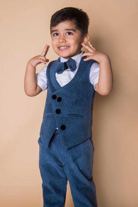 Toplove_Blue Corduroy Waistcoat And Pant Set_Online_at_Aza_Fashions