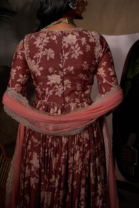 Anu Pellakuru_Brown Muslin Silk Bead Work, Floral Print High Neck Anarkali With Dupatta_at_Aza_Fashions