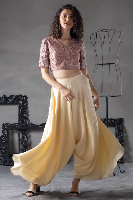 Buy Yellow Shrug With Crop Top Blouse And Palazzo Pants
