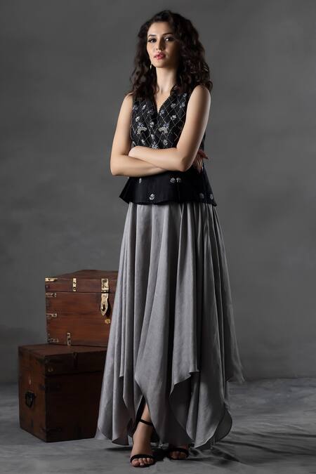 Anu Pellakuru_Black Silk Embroidery, Beads And Grey Floral Gown For Kids_Online_at_Aza_Fashions