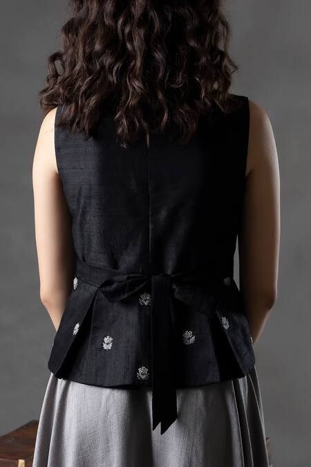 Shop_Anu Pellakuru_Black Silk Embroidery, Beads And Grey Floral Gown For Kids_Online_at_Aza_Fashions