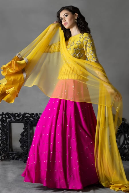 Yellow Lehenga With Pink Choli And Embroidery Work | Latest Kurti Designs