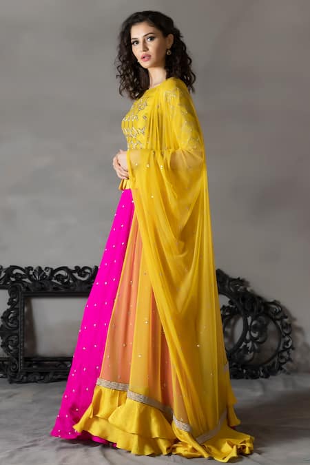 Anu Pellakuru Yellow Matka Silk Cutdana Work, Thread Work, Hand Embroidered Lehenga Set Online at Aza Fashions Anu Pellakuru_Yellow Matka Silk Cutdana Work, Thread Work, Hand Embroidered Lehenga Set _Online_at_Aza_Fashions