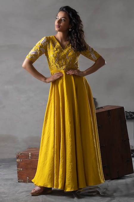 Yellow Printed Long Crush Dress – Punit Balana