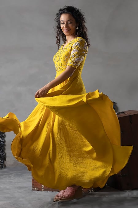 Buy_Anu Pellakuru_Yellow Silk, Cotton Zari, Cut Work, Embroidery Chrome Floral Gown For Kids_Online_at_Aza_Fashions
