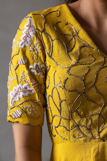 Anu Pellakuru_Yellow Silk, Cotton Zari, Cut Work, Embroidery Chrome Floral Gown For Kids_at_Aza_Fashions