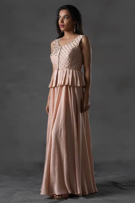 Anu Pellakuru Peach Embroidered Gown with Peplum For Kids