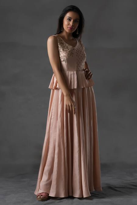 Anu Pellakuru_Peach Silk Beads, Embroidery Gown With Peplum For Kids_Online_at_Aza_Fashions