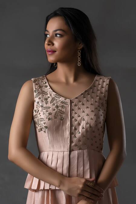 Buy_Anu Pellakuru_Peach Silk Beads, Embroidery Gown With Peplum For Kids_Online_at_Aza_Fashions