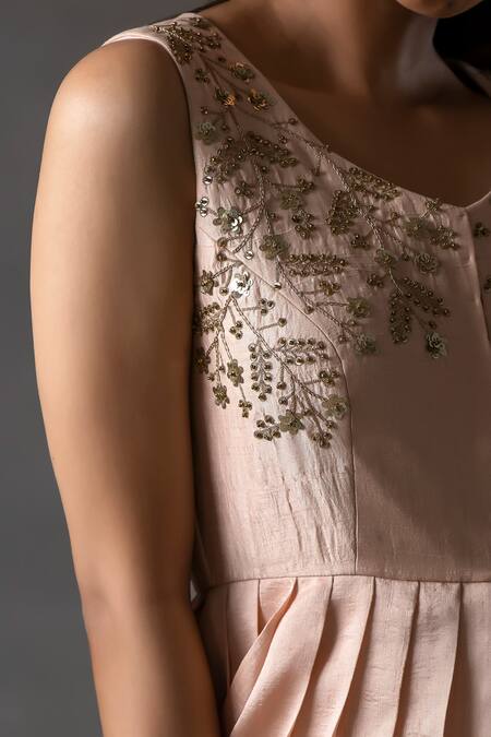 Anu Pellakuru_Peach Silk Beads, Embroidery Gown With Peplum For Kids_at_Aza_Fashions