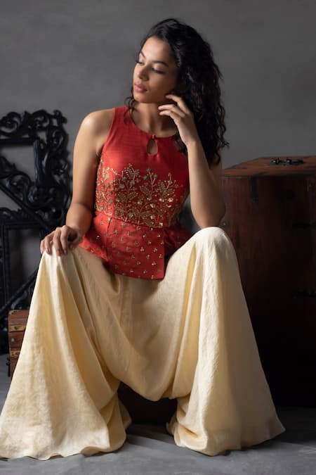 Anu Pellakuru Embroidered Peplum Top & Palazzo Set 