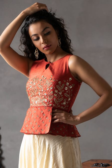 Anu Pellakuru_Orange Silk Cut Work Floral Embroidered Peplum Top And Palazzo Set For Kids_Online_at_Aza_Fashions