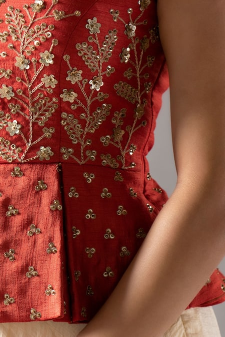 Buy_Anu Pellakuru_Orange Silk Cut Work Floral Embroidered Peplum Top And Palazzo Set For Kids_Online_at_Aza_Fashions