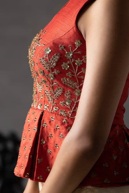 Shop_Anu Pellakuru_Orange Silk Cut Work Floral Embroidered Peplum Top And Palazzo Set For Kids_Online_at_Aza_Fashions