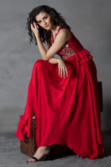 Anu Pellakuru_Red Silk, Cotton Beads, Embroidery Floral Gown For Kids_Online_at_Aza_Fashions