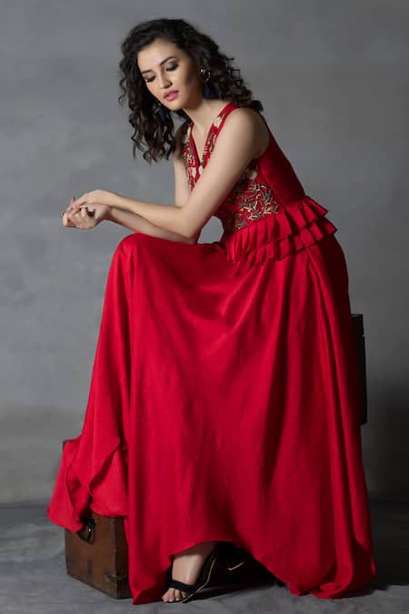 Buy_Anu Pellakuru_Red Silk, Cotton Beads, Embroidery Floral Gown For Kids_Online_at_Aza_Fashions