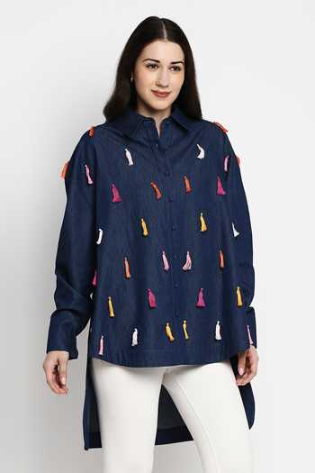 Gaya_Blue 100% Cotton Denim Embellished Tassel Shirt Collar Willow _Online_at_Aza_Fashions