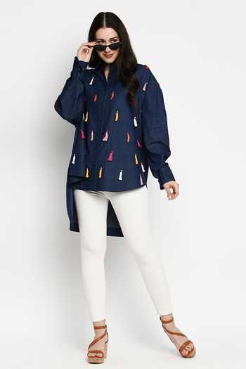 Buy_Gaya_Blue 100% Cotton Denim Embellished Tassel Shirt Collar Willow _Online_at_Aza_Fashions