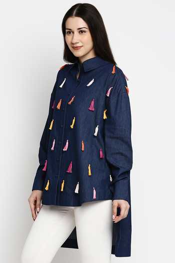 Shop_Gaya_Blue 100% Cotton Denim Embellished Tassel Shirt Collar Willow _Online_at_Aza_Fashions