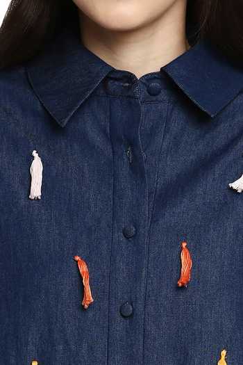 Gaya_Blue 100% Cotton Denim Embellished Tassel Shirt Collar Willow _at_Aza_Fashions