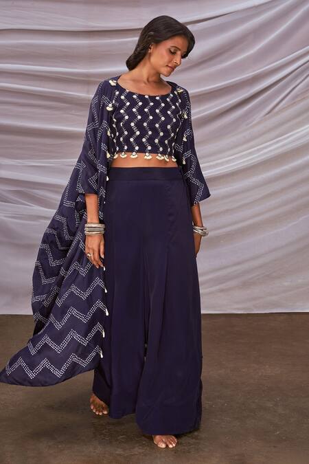 Buy Blue Crepe Printed Bandhani Cape Open And Pant Set For Women by Pink  City Online at Aza Fashions.