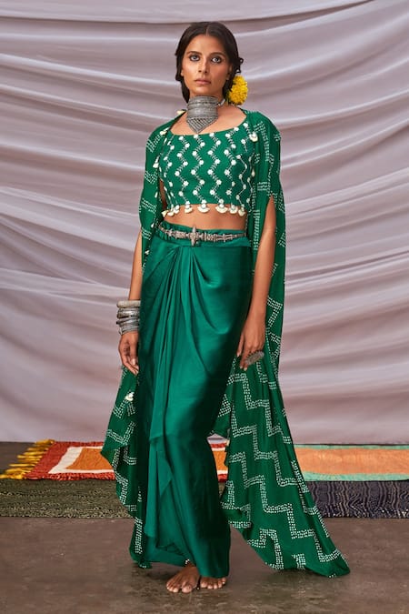 Shop Pink City By Sarika Green Silk, Crepe, Bamberg Satin Tassel, Coin, Bandhani Printed And Dhoti Set at Aza Fashions Shop_Pink City By Sarika_Green Silk, Crepe, Bamberg Satin Tassel, Coin, Bandhani Printed And Dhoti Set _at_Aza_Fashions