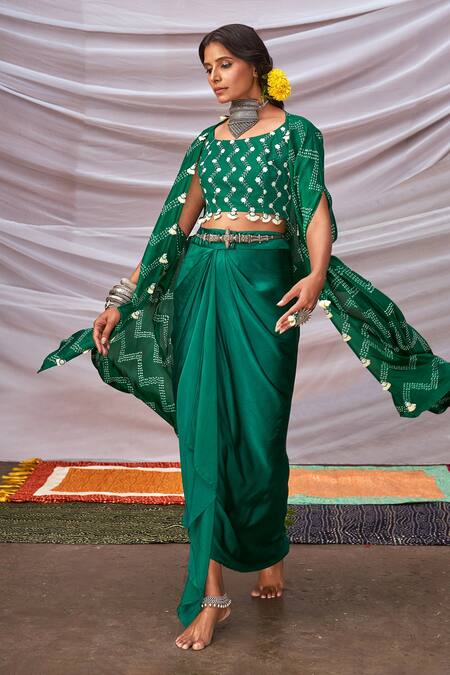 Pink City By Sarika Green Silk, Crepe, Bamberg Satin Tassel, Coin, Bandhani Printed And Dhoti Set Online at Aza Fashions Pink City By Sarika_Green Silk, Crepe, Bamberg Satin Tassel, Coin, Bandhani Printed And Dhoti Set _Online_at_Aza_Fashions