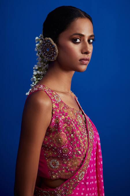 Pink City By Sarika_Pink Silk Floral, Bandhani Round Pre-draped Skirt Saree With Blouse _Online_at_Aza_Fashions