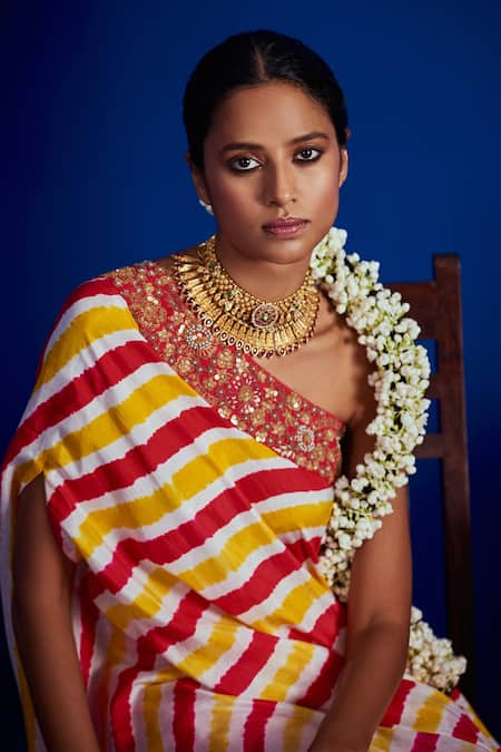 Pink City By Sarika_Yellow Silk Floral, Zari Asymmetric Leheriya Cape Tunic And Sharara Set _Online_at_Aza_Fashions