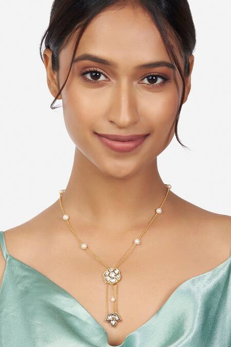 Ahaanya_Gold Plated Kundan Polki Pendant Necklace _Online_at_Aza_Fashions