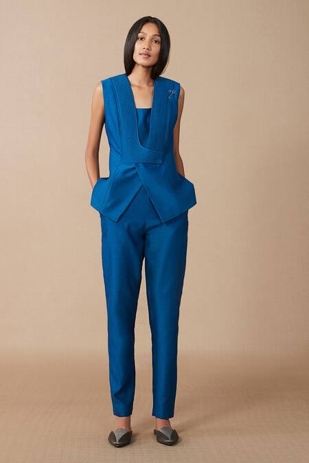 Ampm_Blue Oma Chanderi Jacket And Pant Set_Online_at_Aza_Fashions