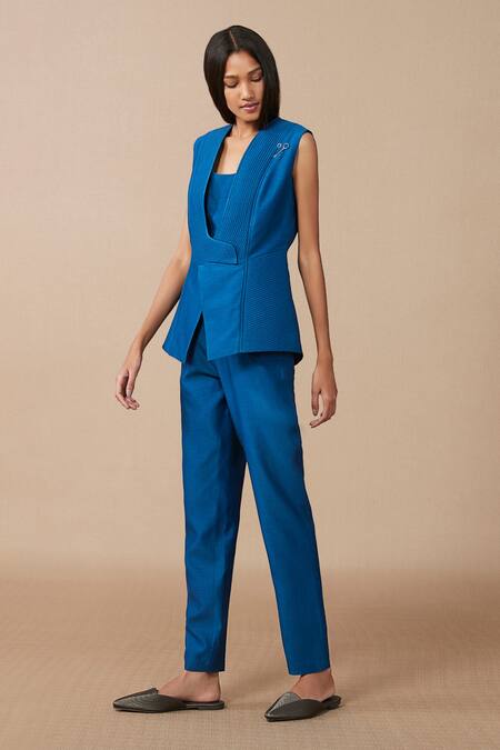 Buy_Ampm_Blue Oma Chanderi Jacket And Pant Set_Online_at_Aza_Fashions
