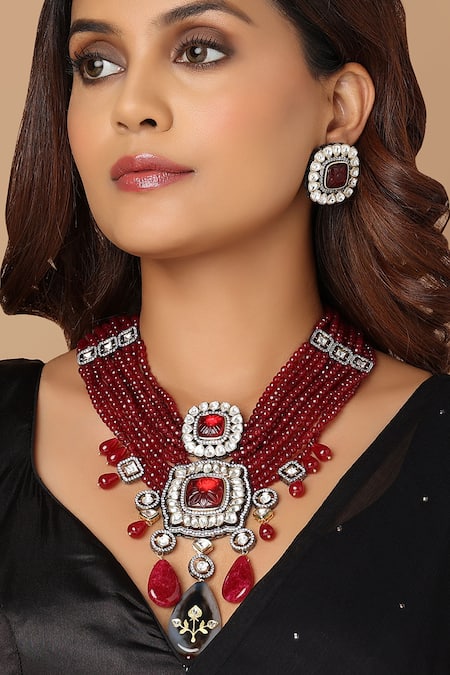 Joules by Radhika_Red Imitation Diamonds Kundan Pendant Necklace Jewellery Set_Online_at_Aza_Fashions