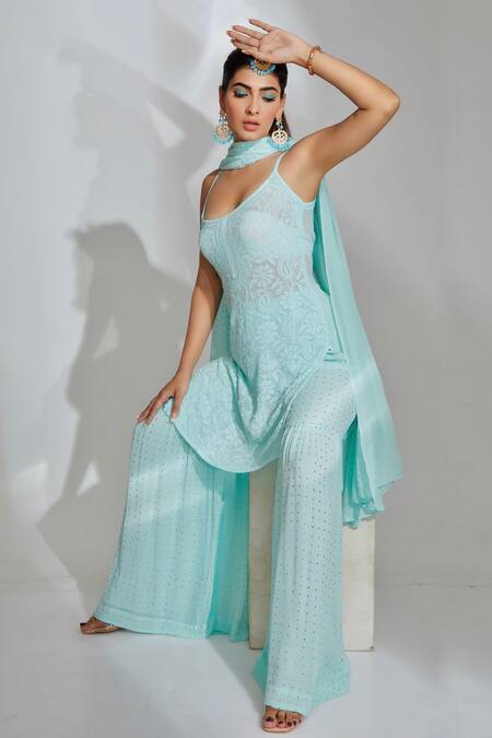 Label Aishwaryrika_Blue Georgette Embroidered Floral Motifs Scoop Neck Arctic Chikankari Kurta _Online_at_Aza_Fashions