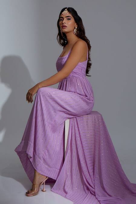 LABEL AISHWARYRIKA_Purple Georgette Mukaish And Floral Motifs Eclipse Chikankari Embroidered Anarkali _Online_at_Aza_Fashions