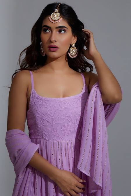 LABEL AISHWARYRIKA Purple Georgette Mukaish And Floral Eclipse Chikankari Embroidered Anarkali Set Online at Aza Fashions LABEL AISHWARYRIKA_Purple Georgette Mukaish And Floral Eclipse Chikankari Embroidered Anarkali Set _Online_at_Aza_Fashions