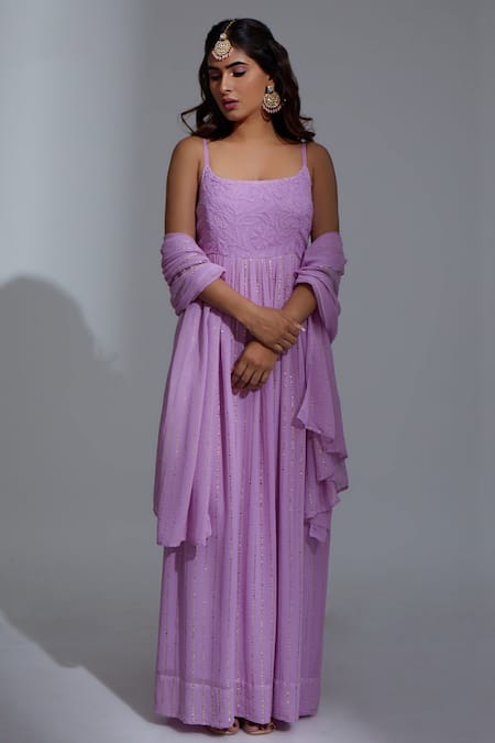 LABEL AISHWARYRIKA Purple Georgette Mukaish And Floral Eclipse Chikankari Embroidered Anarkali Set 