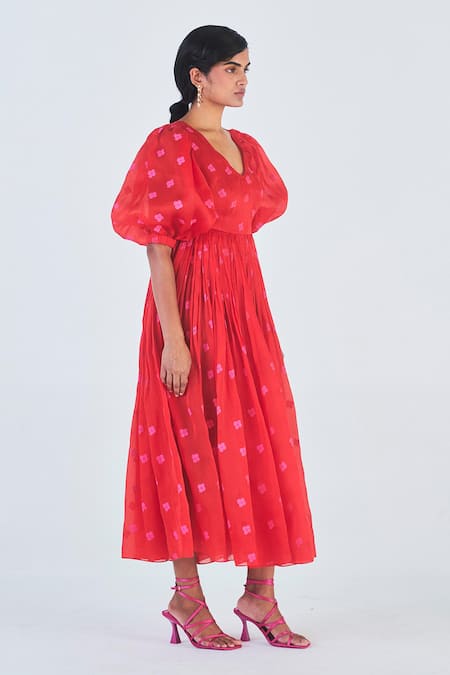 Little Things Studio_Red Organza Floral V Neck Chui Mui Print Dress _Online_at_Aza_Fashions